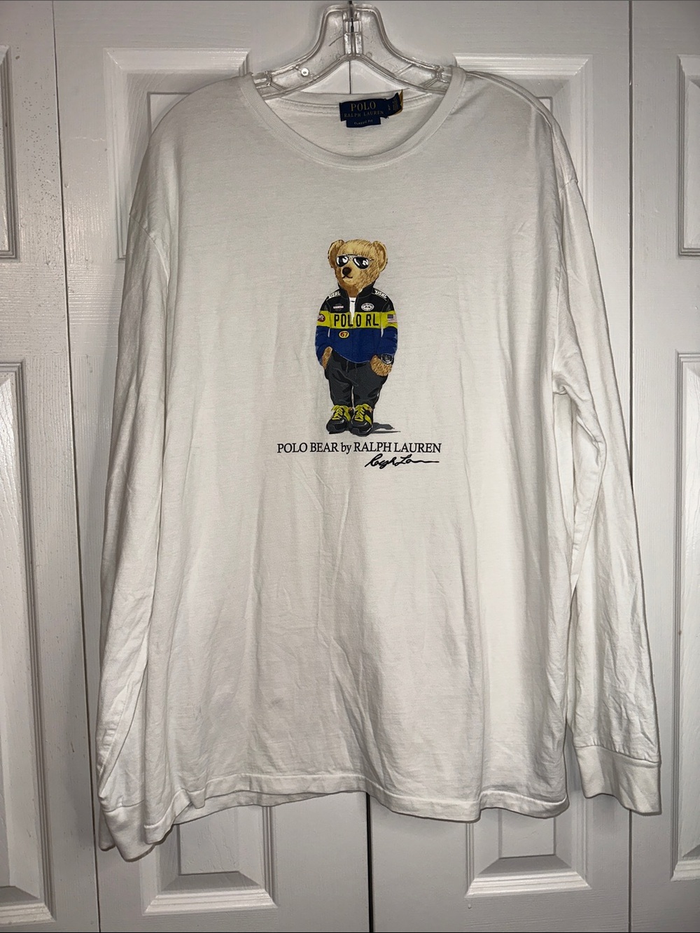Ralph Lauren Polo Bear Long Sleeve Tee - White with Blue & Yellow Bear